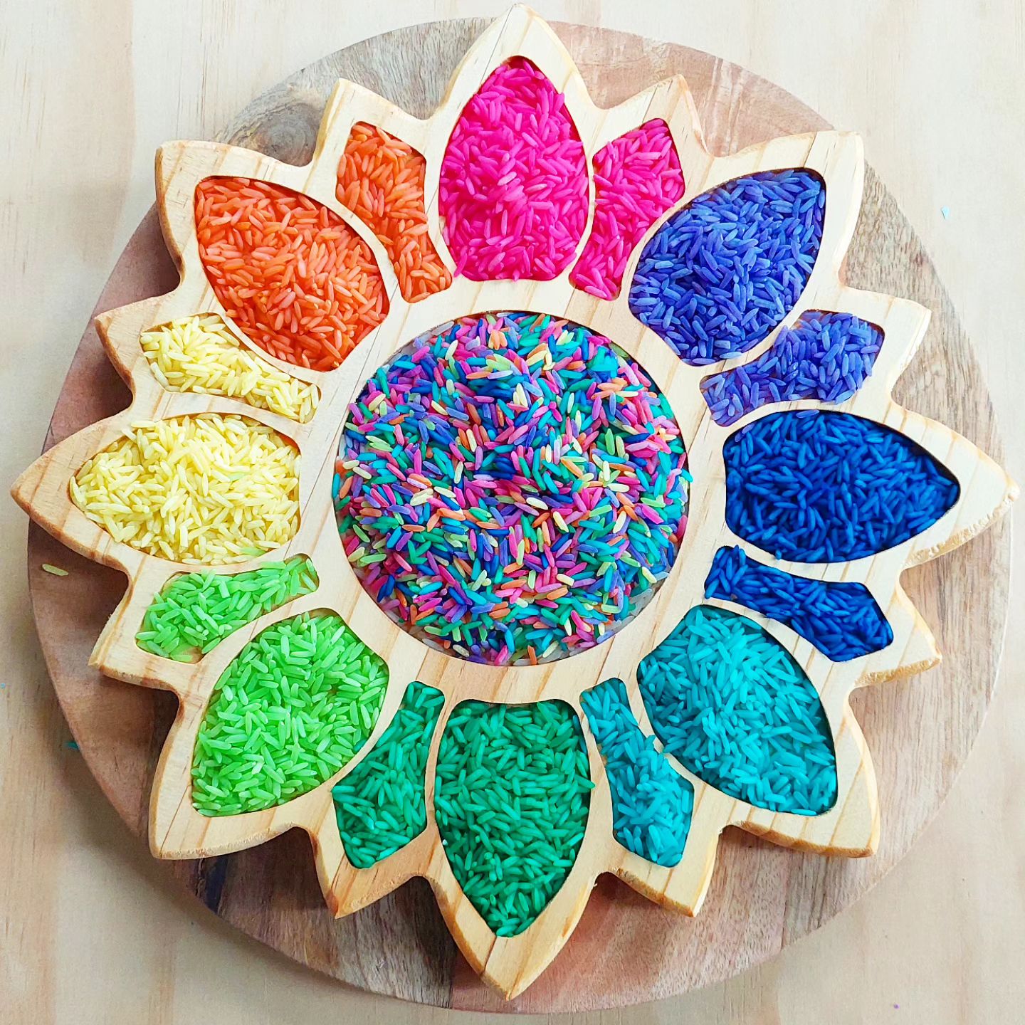 Sensory rainbow rice on flower tray – Ema Lou kids art craft Sensory rainbow rice on flower tray – Ema Lou kids art craft